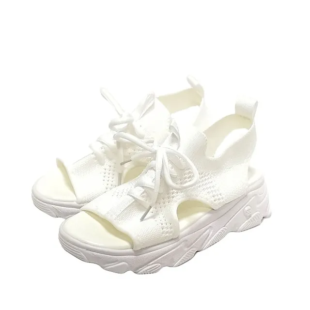 Women's Sandals Lace Up Sandals Strappy Sandals Flyknit Shoes Work Daily Summer Platform Open Toe Casual Minimalism Tissage Volant Lace-up Solid Color Black White Pink