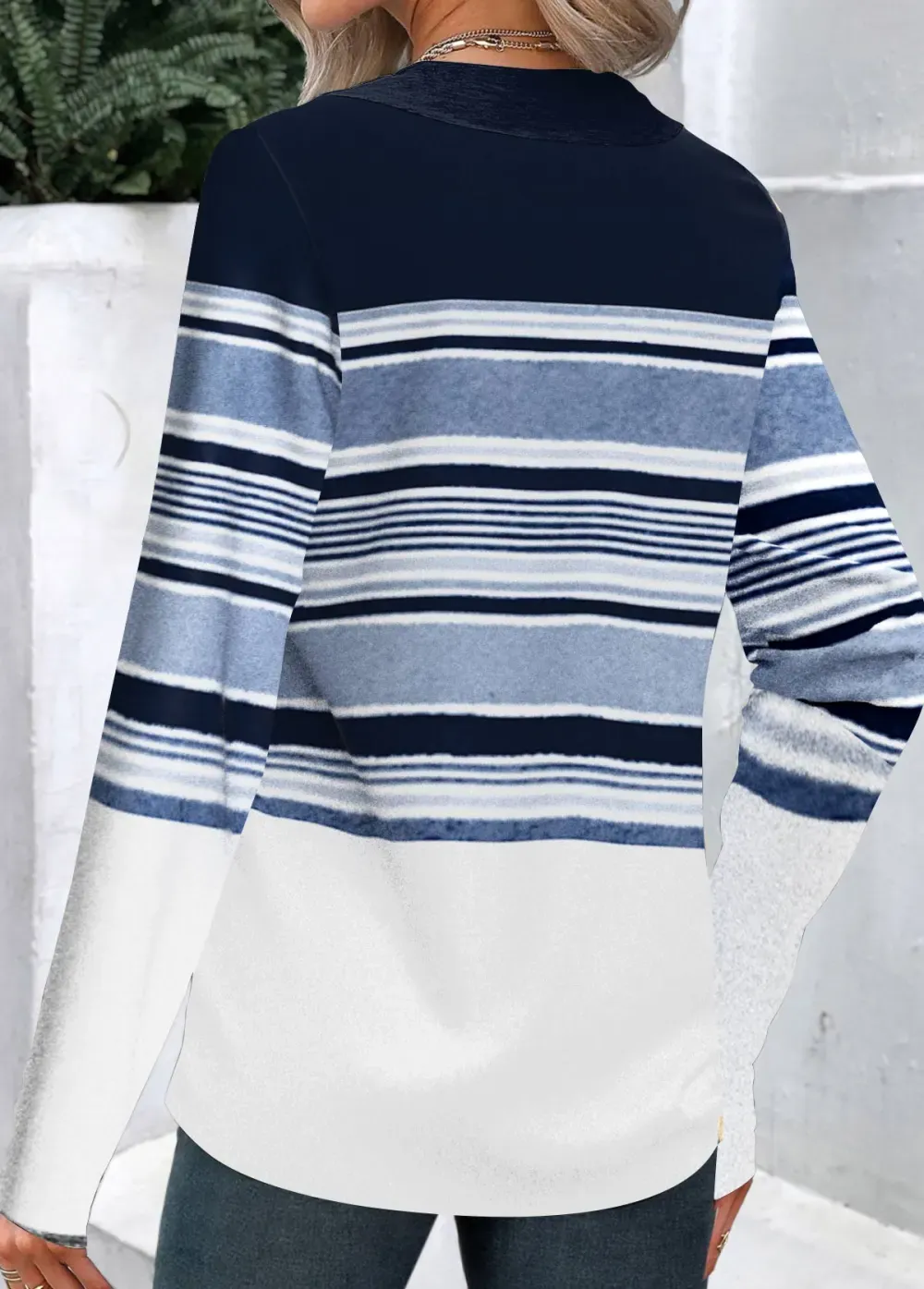 Navy Patchwork Striped Long Sleeve Asymmetrical Neck Sweatshirt