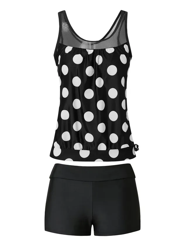 Casual Polka Dots Printing Scoop Neck Tankinis Two-Piece Set