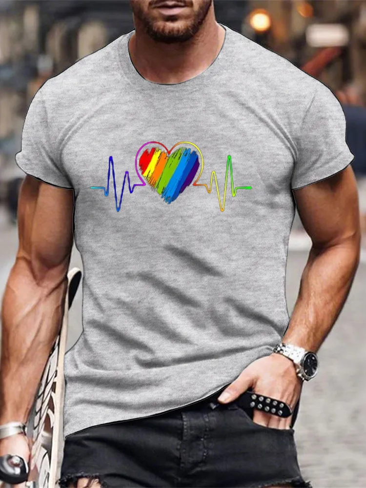 Men'S T-Shirt With Pure Cotton Round Neck, Rainbow Heartbeat, LGBT