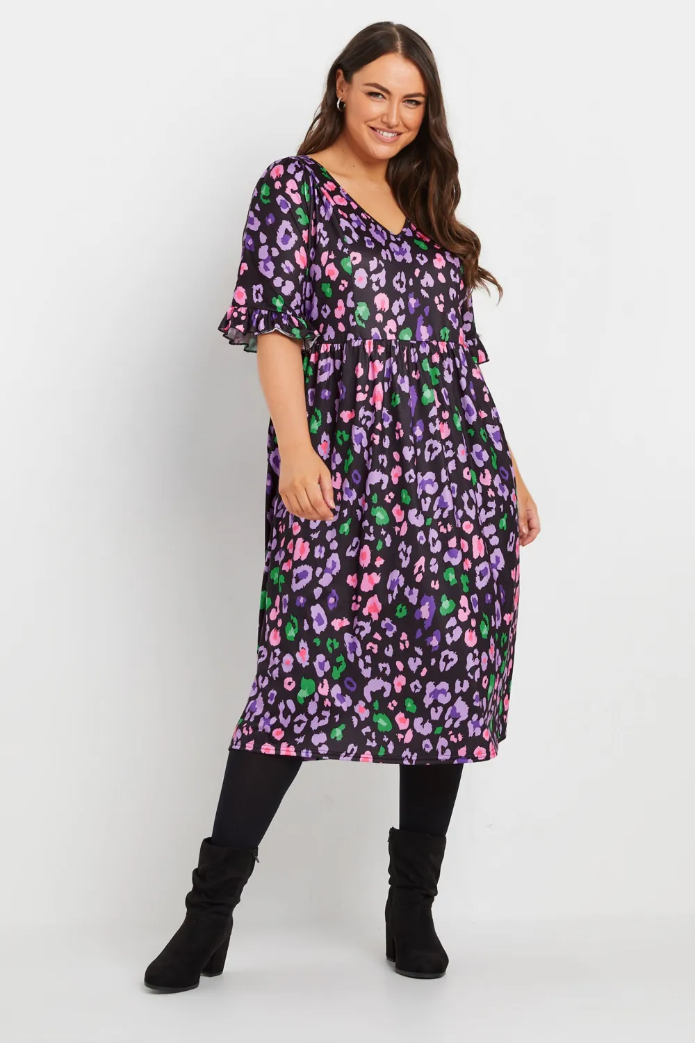 YOURS Curve Black Animal Print Smock Midi Dress