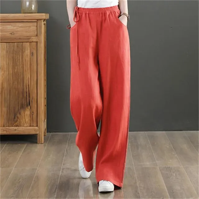 Women's Wide Leg Pants Trousers Baggy 100% Cotton Baggy Mid Waist Fashion Streetwear Office Work Black White S M Autumn / Fall Spring & Summer