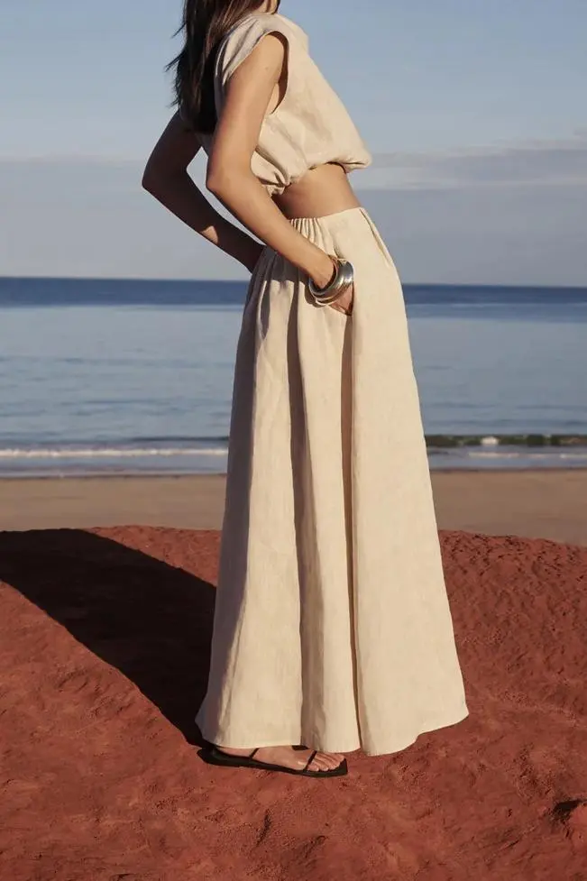 NATURAL LINEN MIDI SKIRT