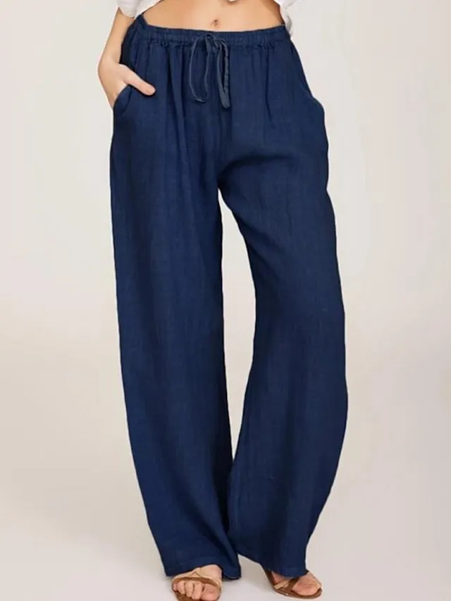 Women's Basic Essential Classic Culottes Wide Leg Chinos Drawstring Pants Casual Inelastic Solid Colored Faux Linen Lightweight Mid Waist Loose Black Blue Gray Dusty Blue S M L XL XXL