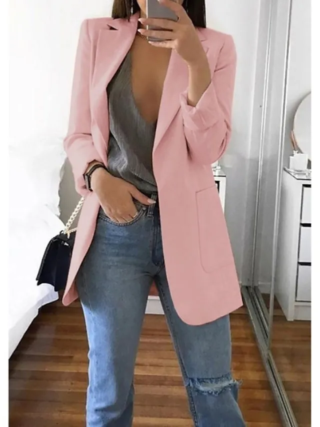 Women's Blazer Casual Pocket Clean Fit Formal Outdoor Daily Wear Polyester Spring Wine Green Black Open Front V Neck Regular Fit S M L XL XXL 3XL / Solid Color