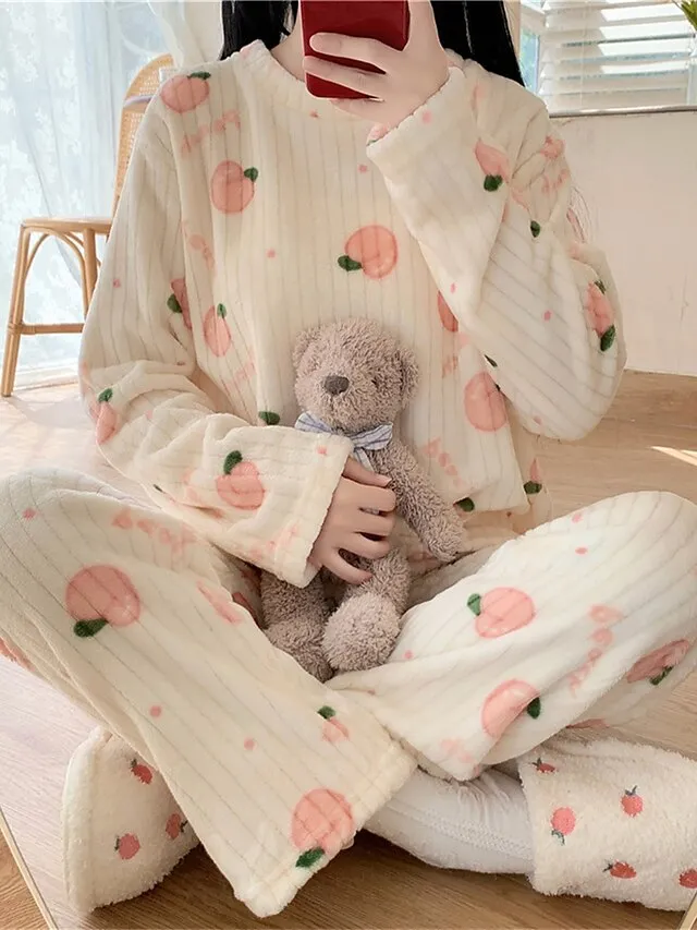 Women's Fleece Loungewear Sets Fluffy Pajama Fuzzy 2 Pieces Bear Peach Fashion Casual Comfort Street Daily Date Polyester Warm Crew Neck Long Sleeve Pant Fall Winter Lotus Pink Black