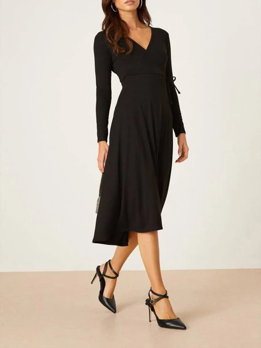 Black Wrap V-Neck Long Sleeve Midi Dress
