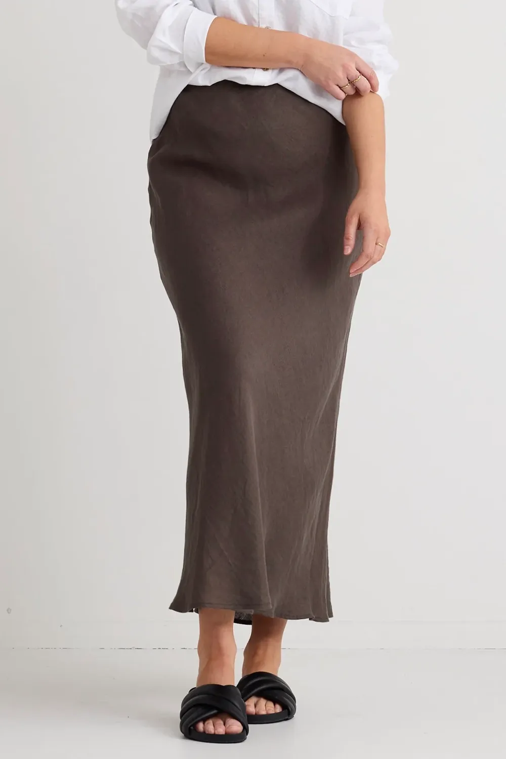 Brown Satin Midi Pencil Skirt