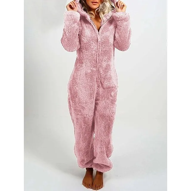 Women's Adult Onesies Onesie Pajamas Pure Color Plush Casual Comfort Home Daily Bed Polar Fleece Warm Hoodie Long Sleeve Fall Winter Light Pink claret