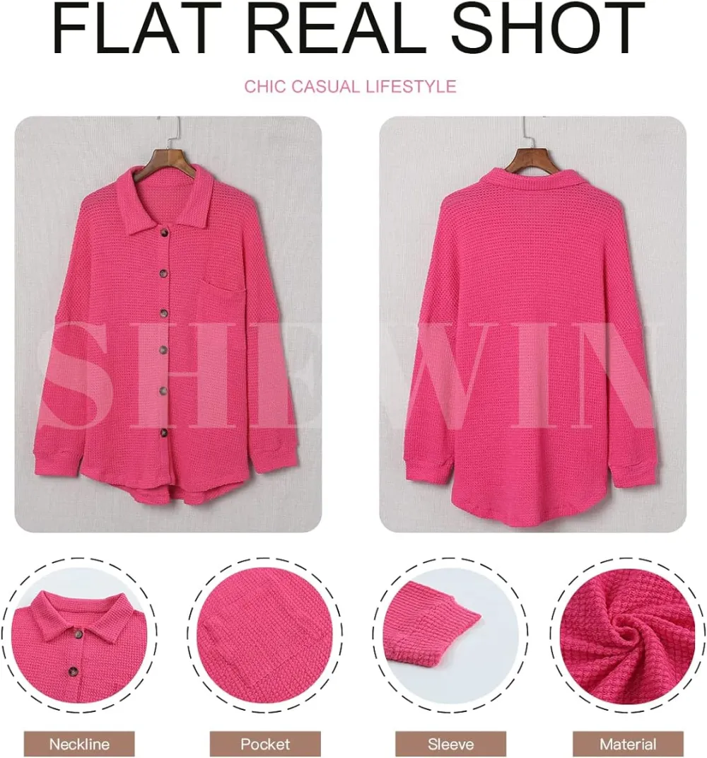 Womens Waffle Knit Button Down Shirts Casual Long Sleeve Shacket Jacket Boyfriend Tops Blouses Loose Fit