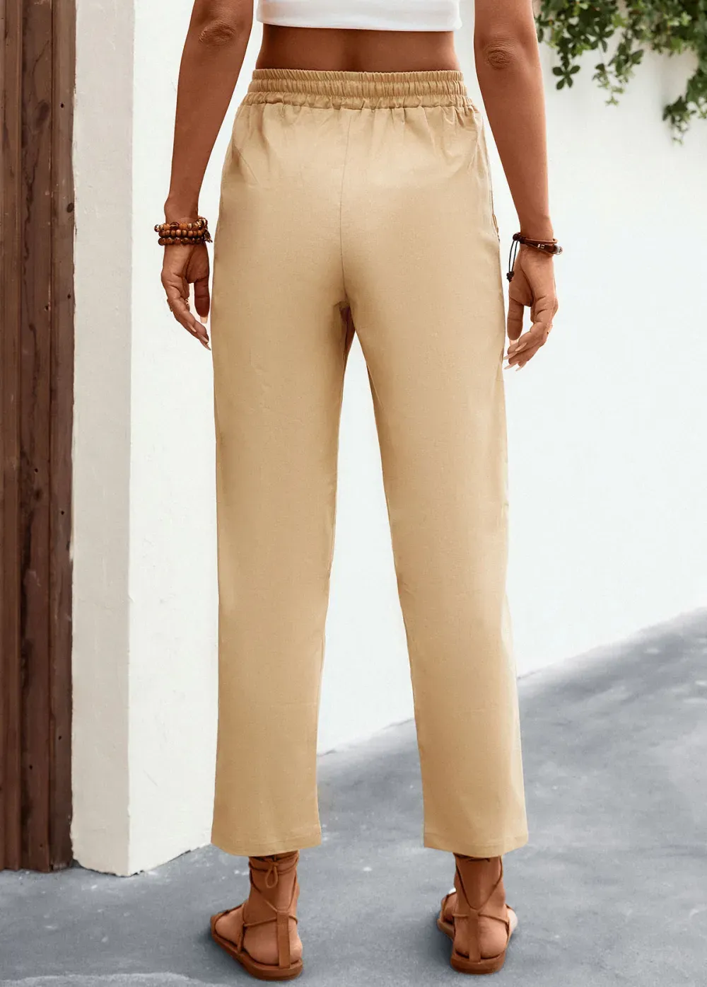 Light Camel Pocket Regular Elastic Waist Pants