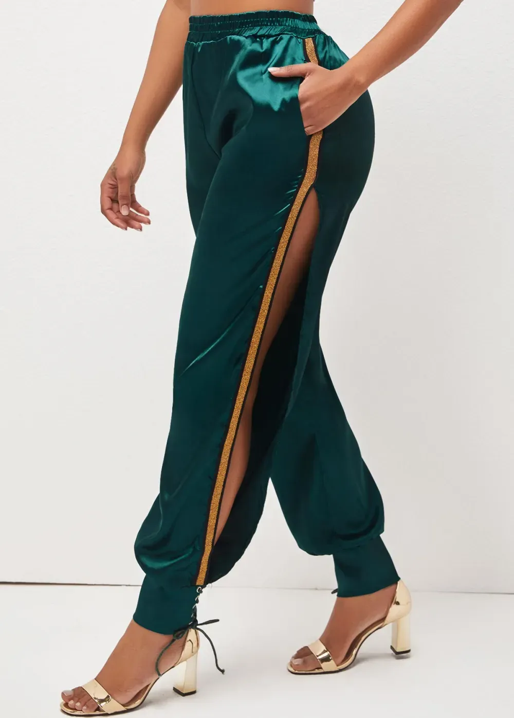 Dark Green Lace Up Side Slit Pants