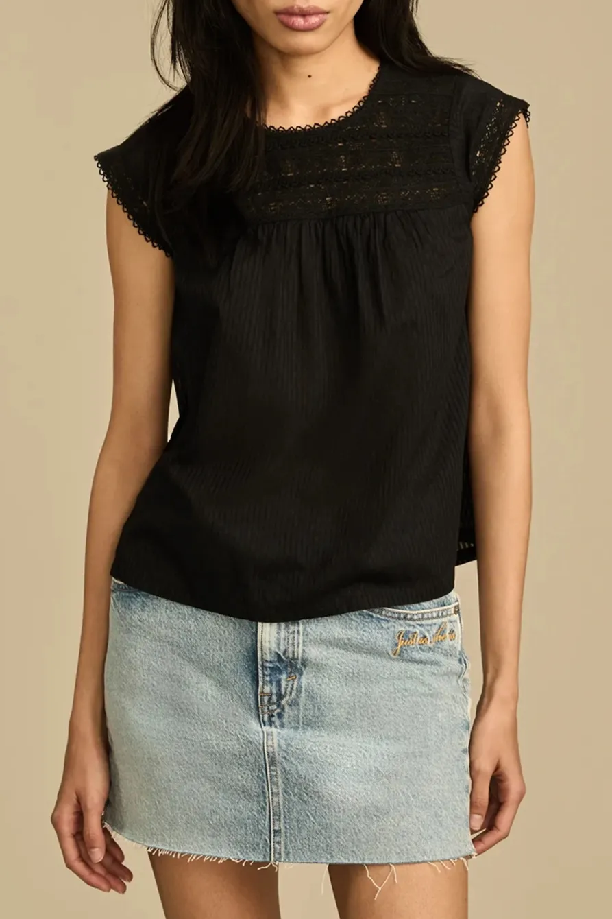 Jet Black Lace Neck Pintuck Shell Top