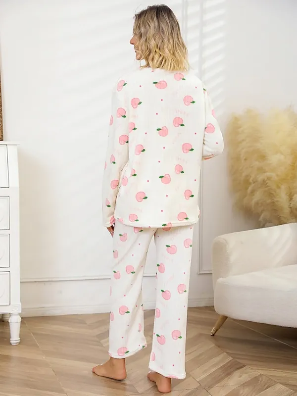 Women's Fleece Coral Pajamas Sets Cartoon Fruit Fashion Plush Casual Home Daily Bed Coral Breathable Crew Neck Long Sleeve Pant Summer Fall Lotus Pink Black