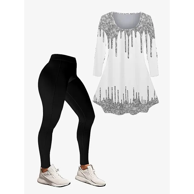 Women's Set Graphic Silver Dark Yellow Black Print Long Sleeve Daily Vacation Holiday Casual Festival Crew Neck Regular Fit Fall Winter