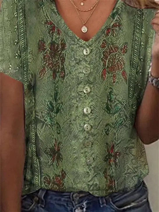 Women Short Sleeve V-neck Graphic Printed Tops