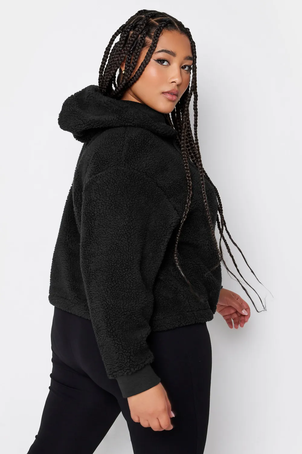 YOURS Curve Black Teddy Cropped Fleece Hoodie