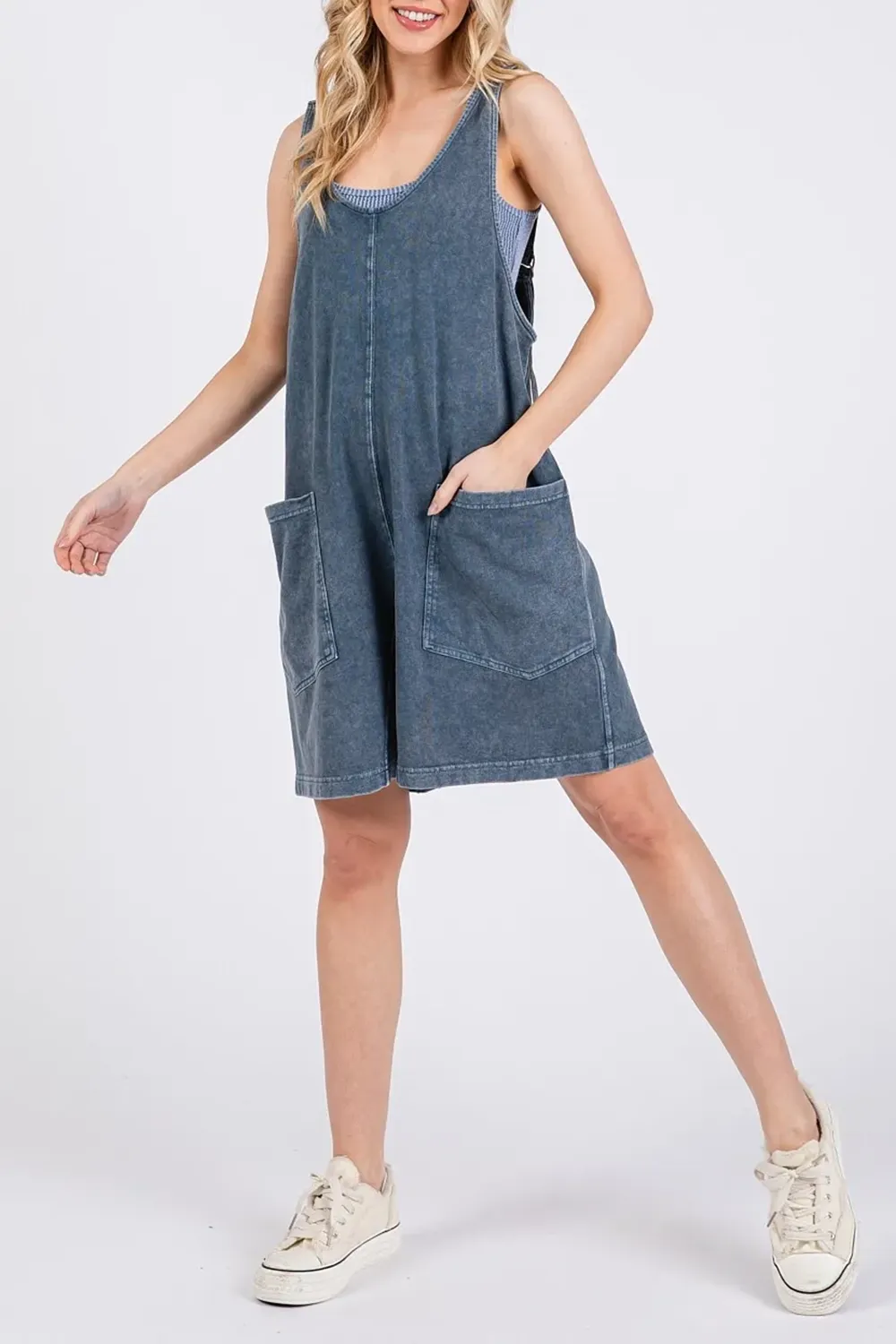 Retro Aging Waist-Cinching Grey Tank Jumpsuits