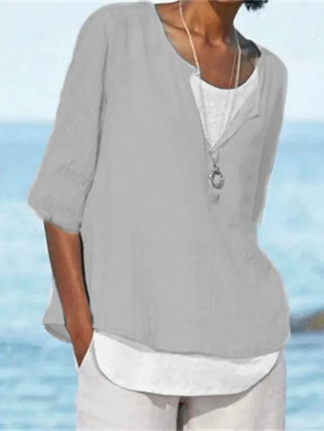 Women's Shirt Blouse Plain Black White Pink Half Sleeve Holiday Casual Beach V Neck Regular Fit