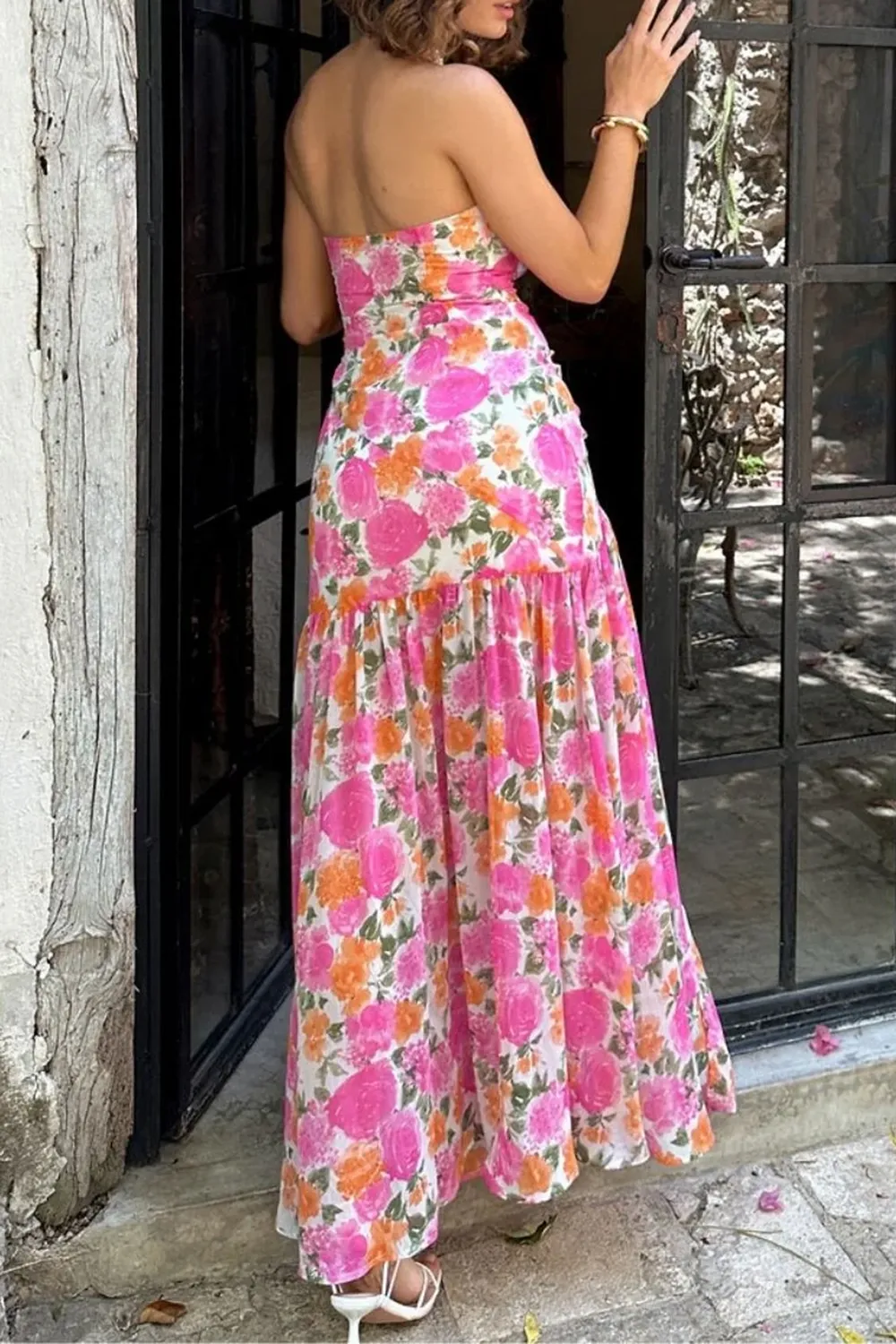 Strapless Drop Waist Pink Floral Maxi Dress