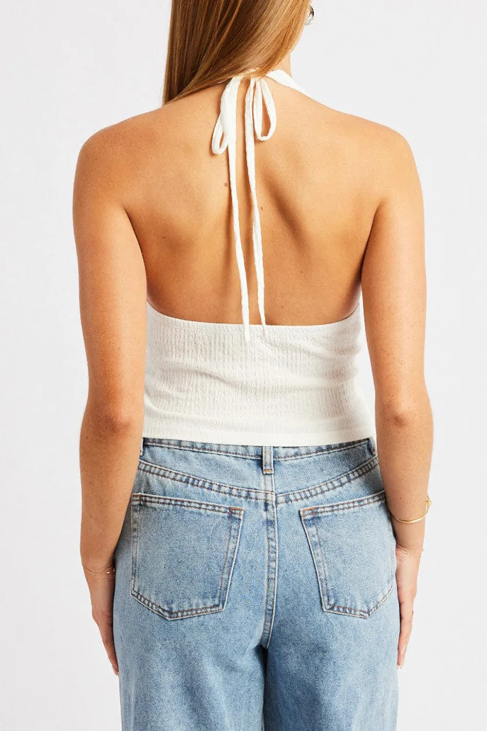 White Halter Neck Top Textured