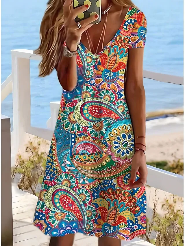 Women's Casual Dress T Shirt Dress Tee Dress Ethnic Dress Mini Dress Red Dusty Blue Rainbow Short Sleeve Floral Print Summer Spring Deep V Vacation 2023 S M L XL 2XL 3XL