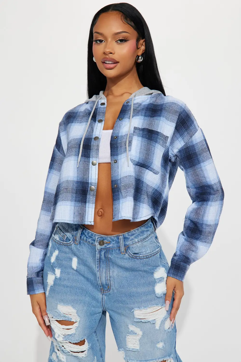 Fearless Cropped Plaid Shirt  - Blue/combo