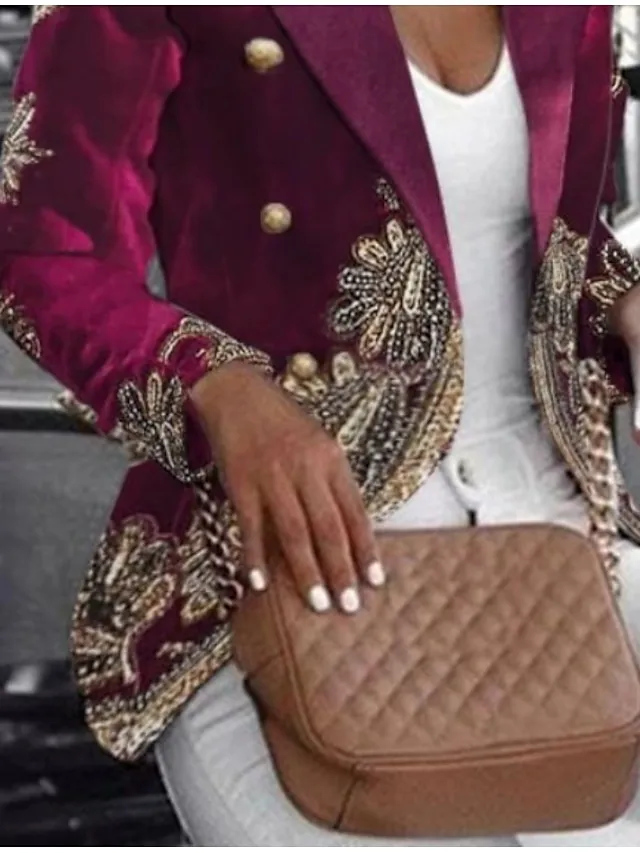 Women's Blazer Lightweight Comfortable School Xmas Party Office Christmas Print Open Front Lapel Contemporary OL Style Baroque career Print Regular Fit Outerwear Long Sleeve Spring Fall Purple S