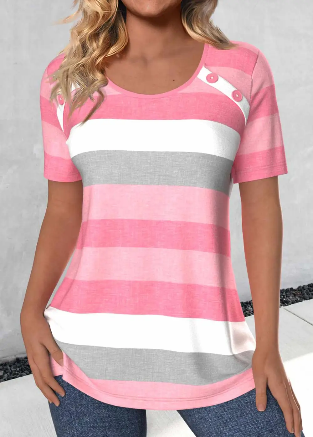 Light Pink Button Striped Short Sleeve T Shirt