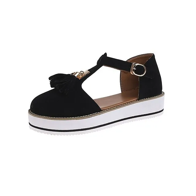 Women's Sandals Platform Sandals Plus Size Outdoor Daily Walking Summer Tassel Platform Flat Heel Round Toe Closed Toe Vintage Casual Faux Leather Synthetics Buckle Solid Color Solid Colored Black