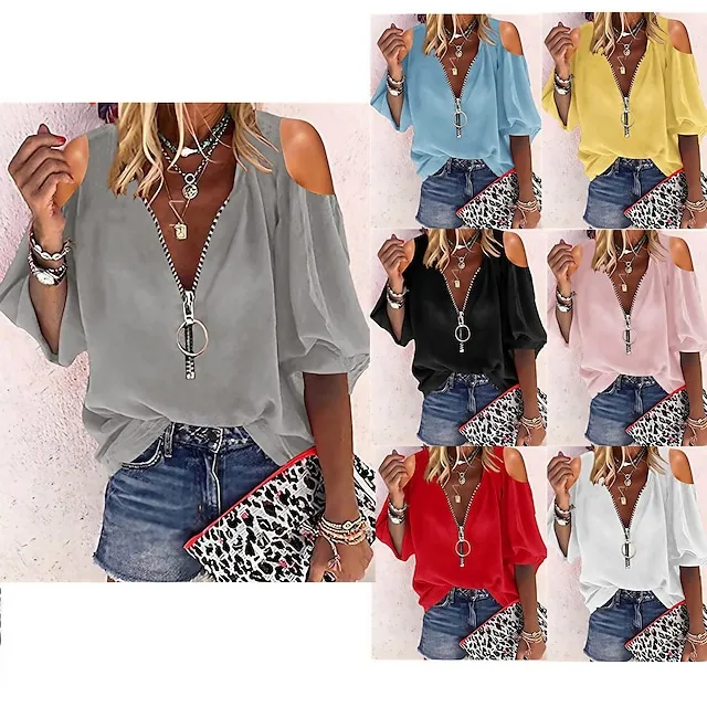 Blouse Women's Solid / Plain Color Hollow Out Zipper Off Shoulder Daily Going out Modern S