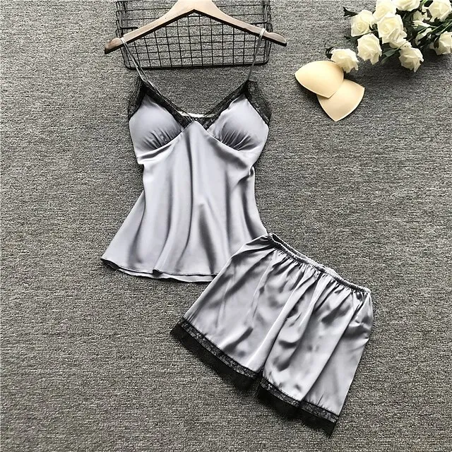 Women's Lace Satin Silk Pajamas Sets 4 Pcs Home Party Daily St.Patrick's Day Elastic Waist Pure Color Satin Simple Casual Soft Strap Top Shorts Fall Winter Spring Strap Short Sleeves Long Sleeve