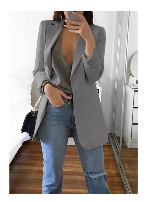 Women's Blazer Casual Pocket Clean Fit Formal Outdoor Daily Wear Polyester Spring Wine Green Black Open Front V Neck Regular Fit S M L XL XXL 3XL / Solid Color