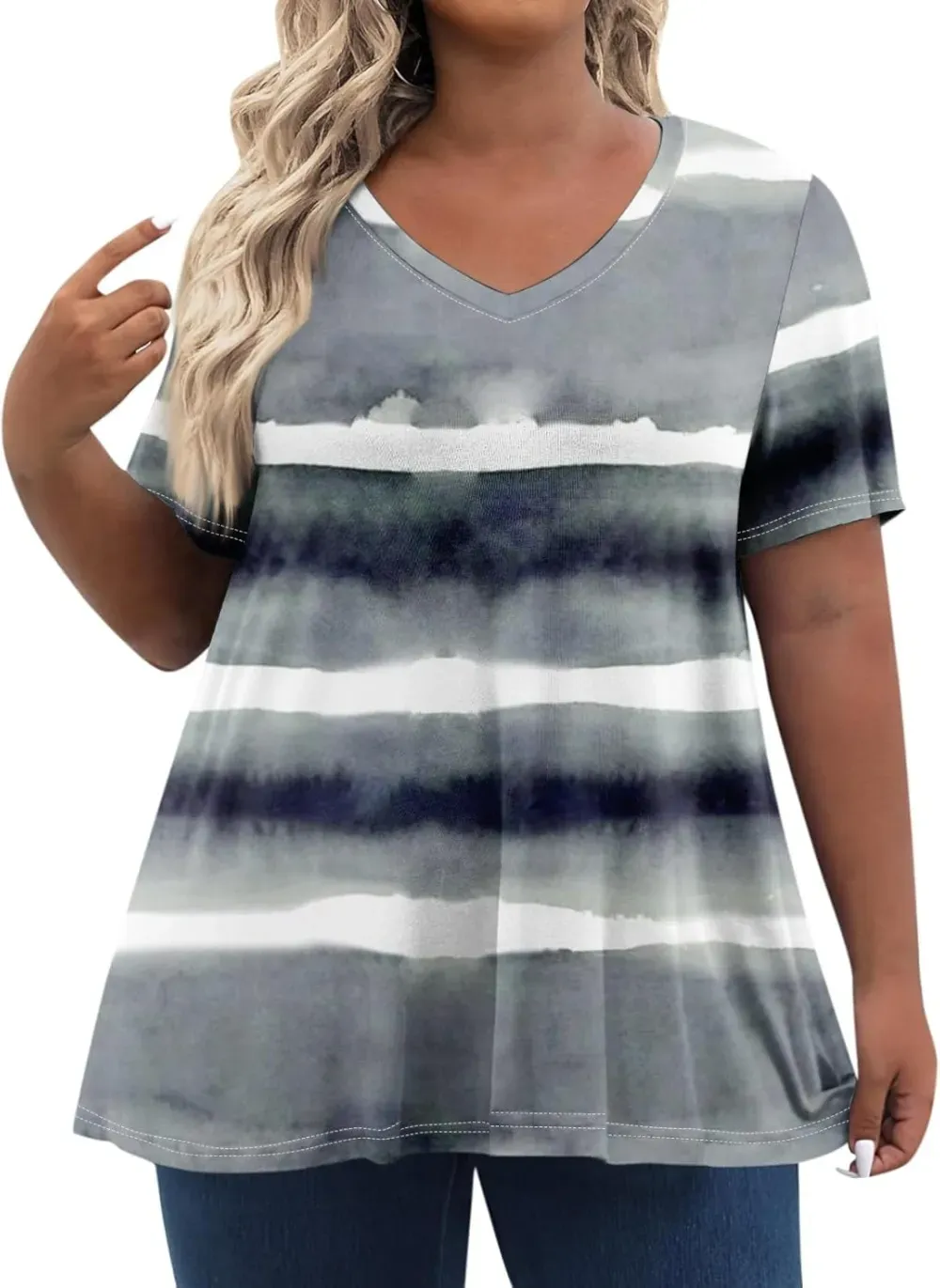 Plus Size Tops for Women Dressy Short Sleeve V Neck Shirts for Women Summer Tops for Women 2024 Floral Print Top