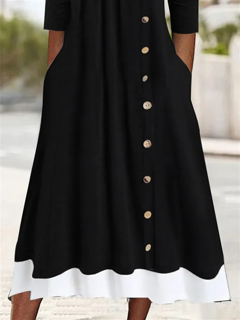 Women's Long Sleeve U-neck Button Midi Dress