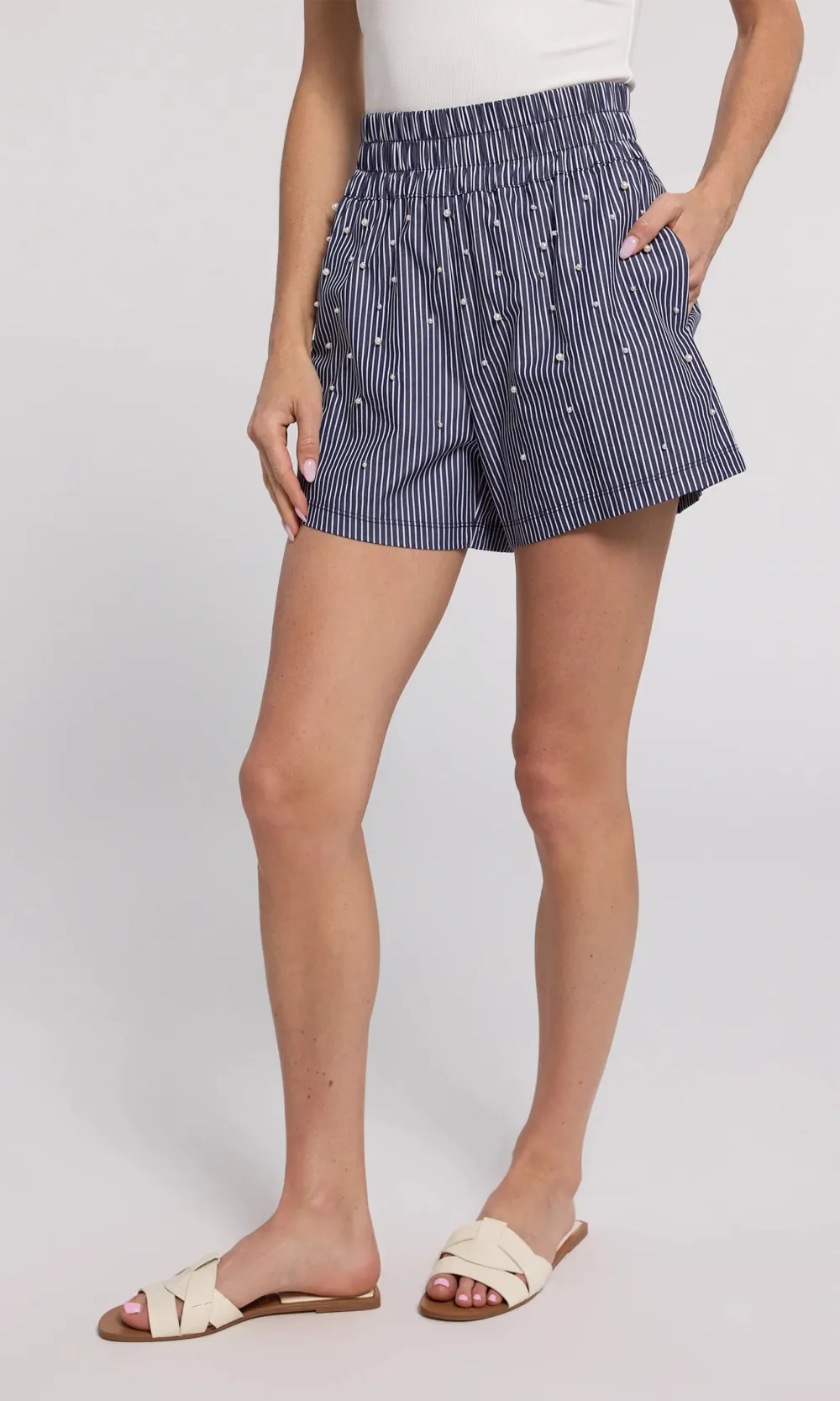 Pearl Embellished Pinstripe Shorts