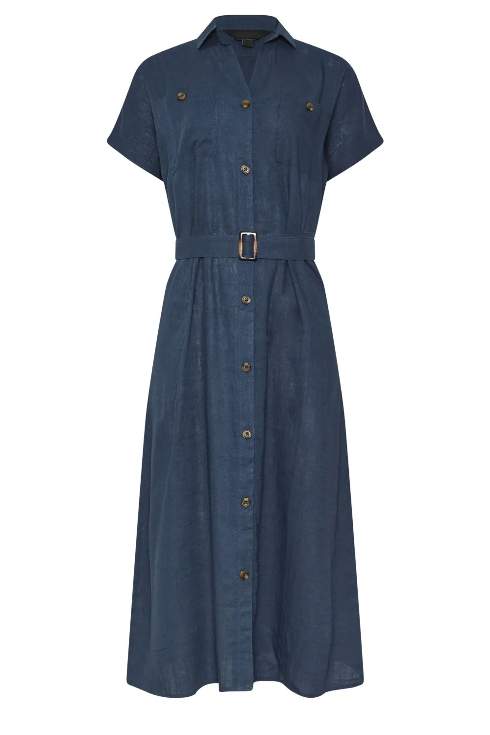 Navy Blue Linen Button Casual Style Dress