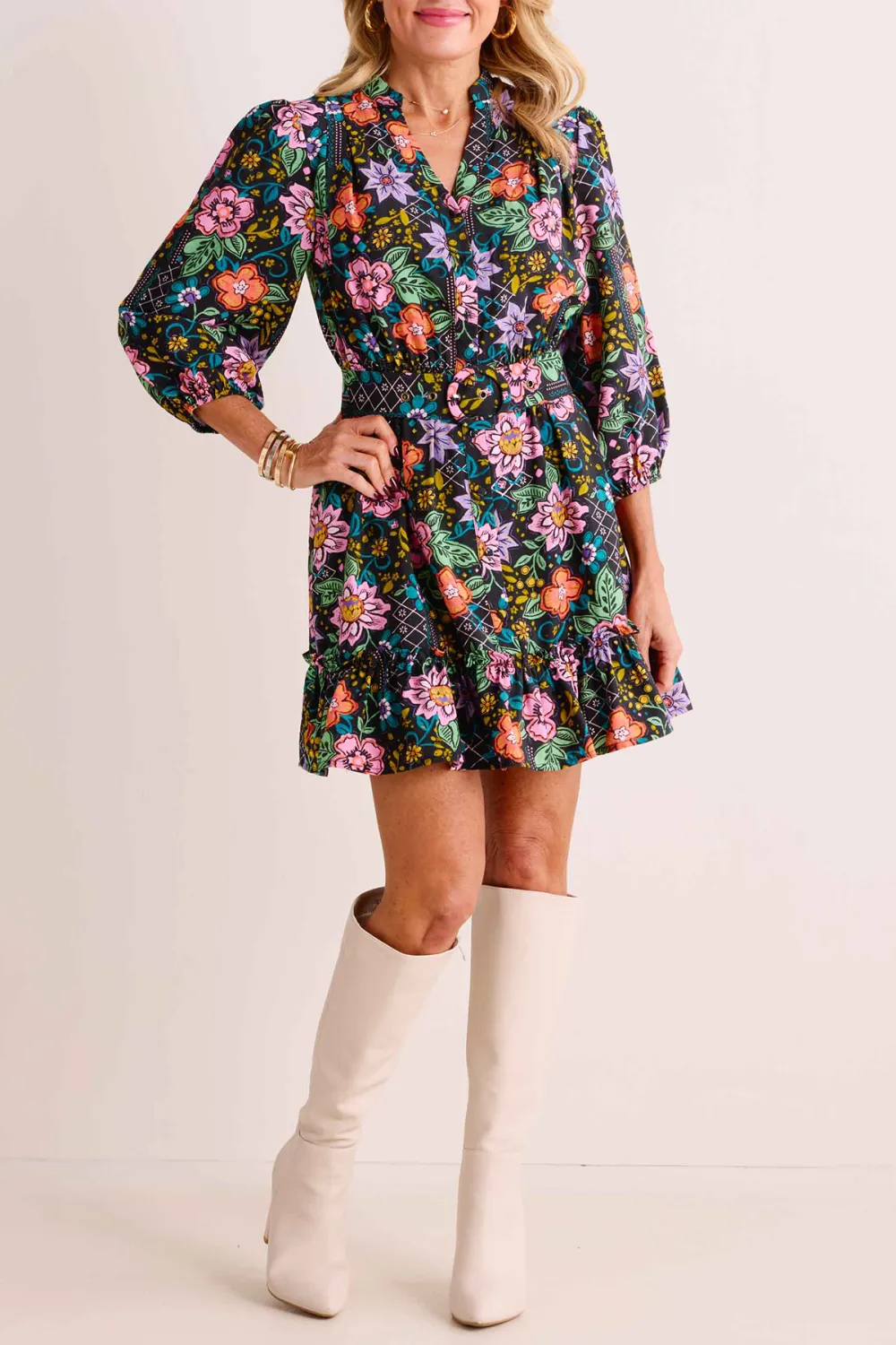Multicolored Floral Print Long Sleeve Dress