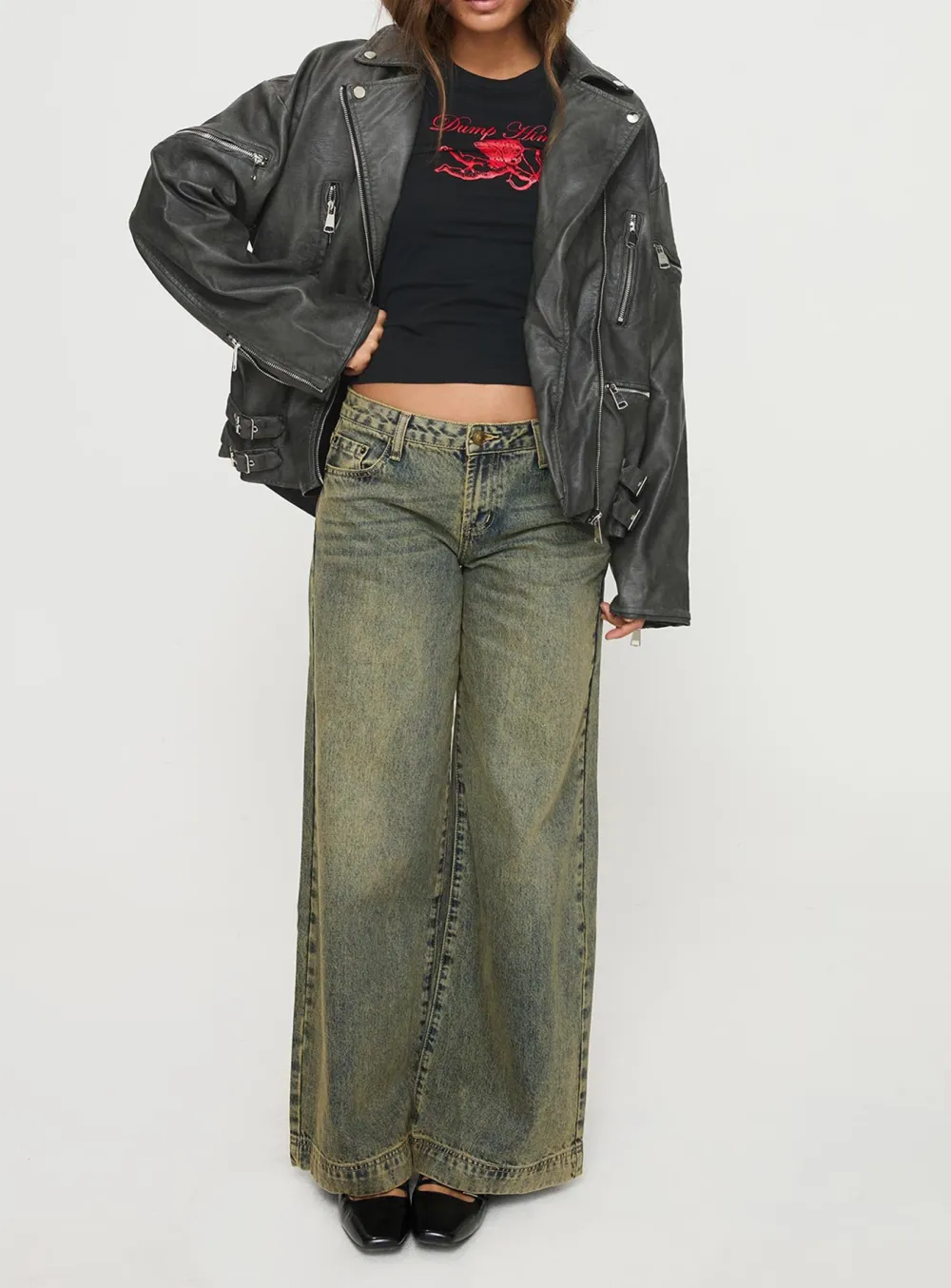 Washed Look Oversized Faux Leather Jacket