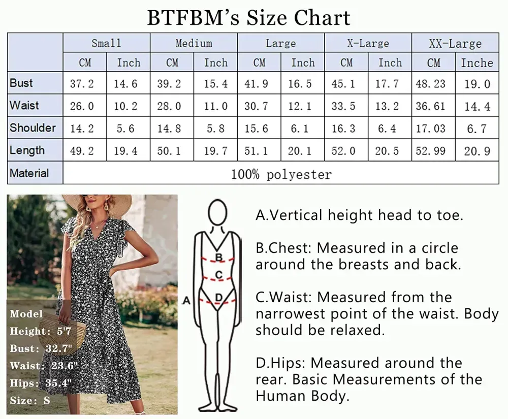 Women Summer Bohemian Floral Casual Wrap V Neck Ruffle Cap Sleeveless Belt A-Line Pleated Hem Swing Midi Sun Dress