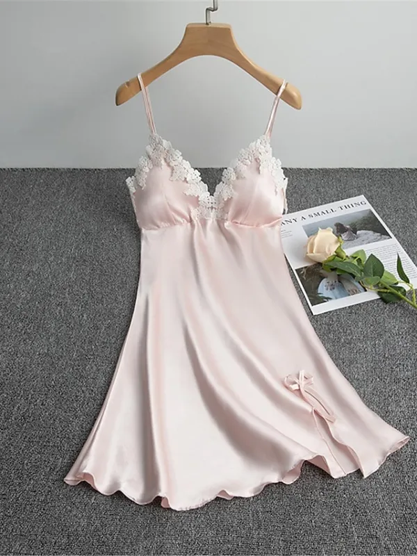 Women's Pajamas Nightgown Nightshirt Dress Dot Pure Color Simple Casual Soft Home Daily Bed Satin Breathable Straps Sleeveless Backless Chest pads Summer Spring Black White