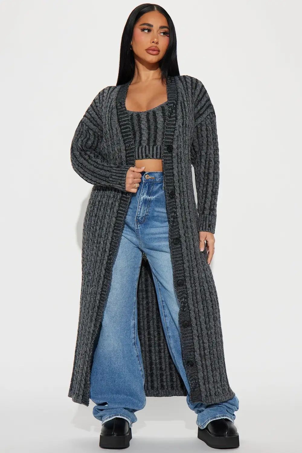 Casual And Cool Washed Cardigan Set - Black/combo
