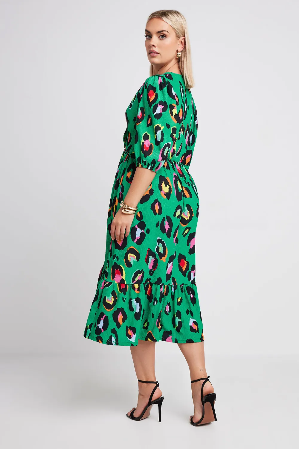 YOURS Curve Green Leopard Print Textured Wrap Dress