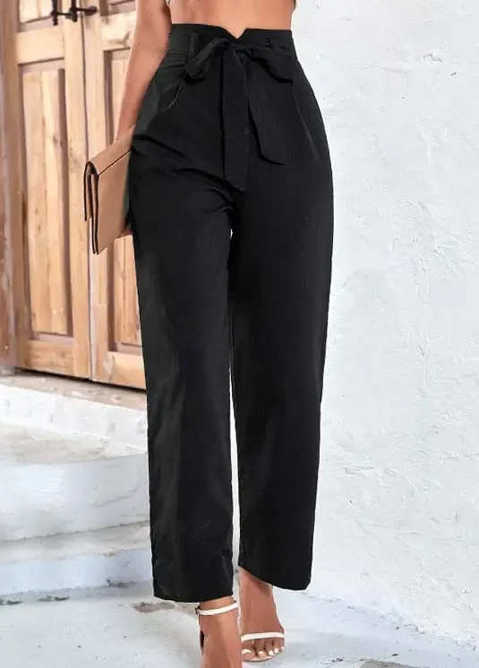 Black Bowknot Belted Drawastring High Waisted Pants