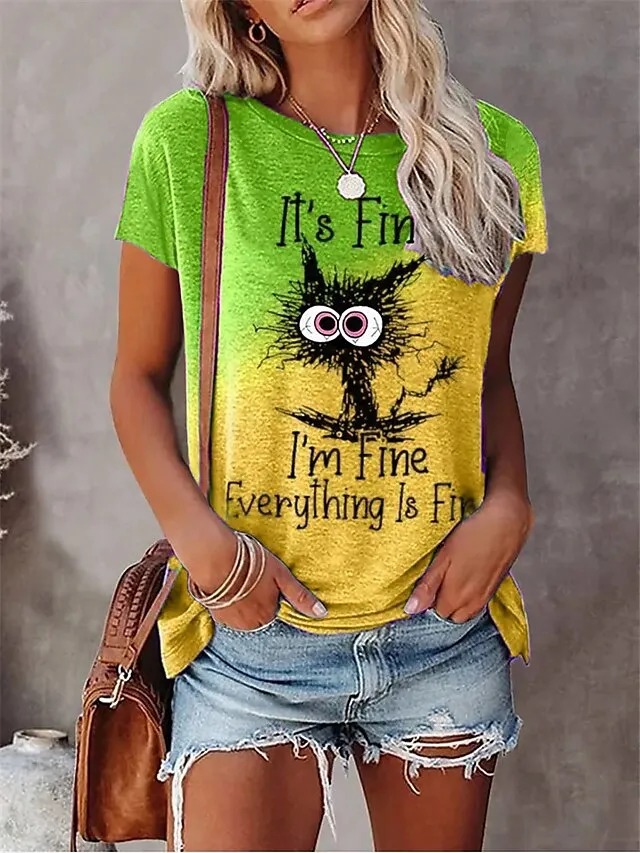 Women's T shirt Tee Yellow Blue Orange Cat Letter Print Short Sleeve Daily Weekend Basic Round Neck Regular Fit Cat Painting