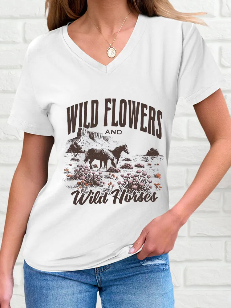 Woman's Wild Flowers And Wild Horses V-Neck And Short Sleeves T-Shirt