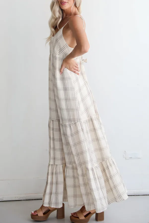 Playful Vibes Grey Plaid Linen Maxi Dress