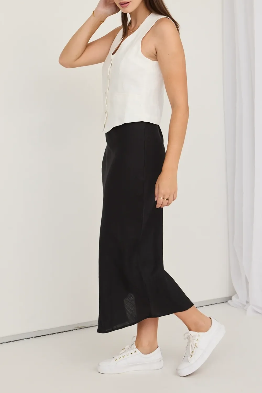 Casual Black Linen Midi Skirt