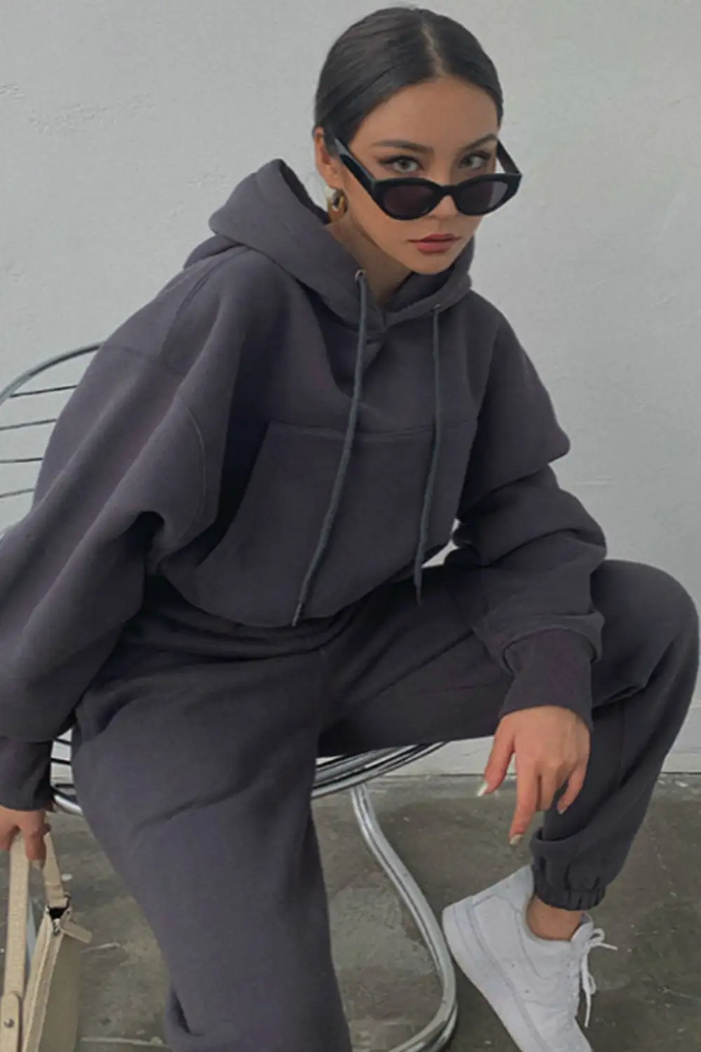 Drawstring Hoodie Crop Top & Jogger Pants