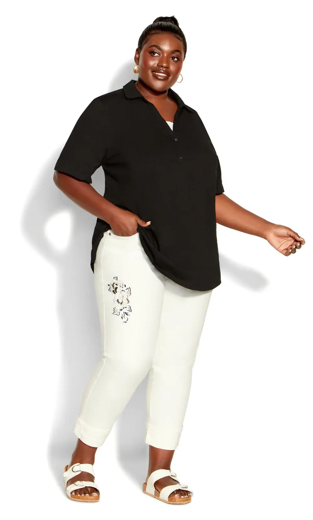 Evans White Embroidered Turn Up Denim Crop